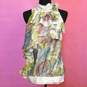 2000s Y2K Arden B Multicolor Floral Ruffle Halter Blouse Scarf Tie Neck Medium